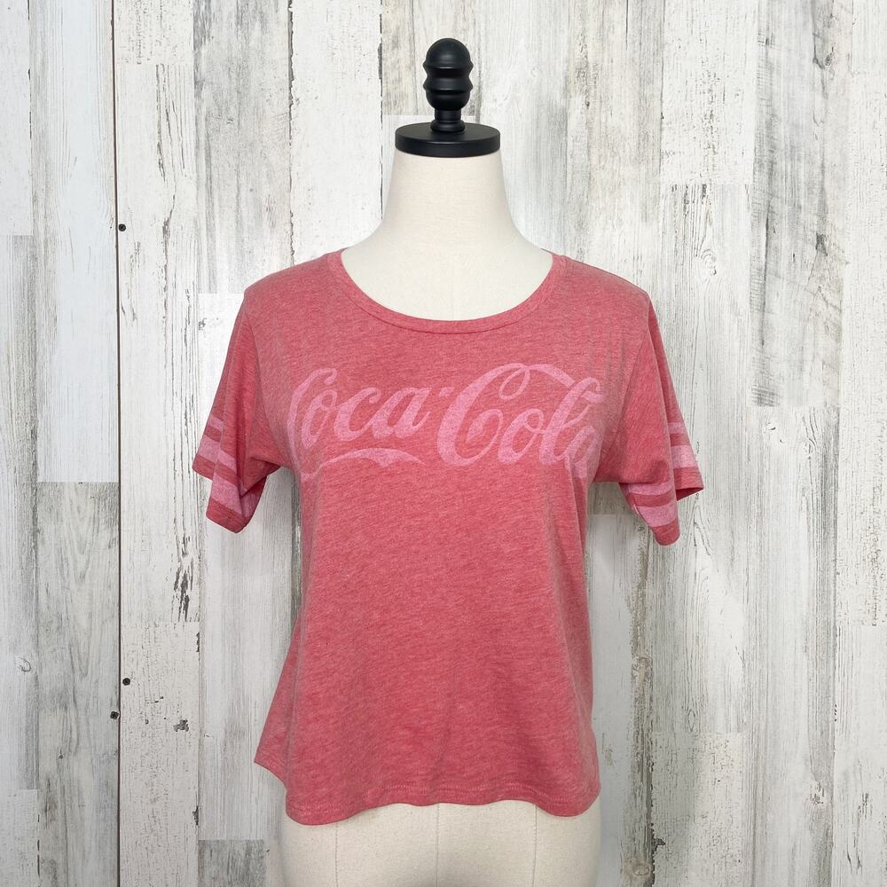 Coca Cola Football Crop Graphic Tee Red Spell Out Casual Athleisure Size S